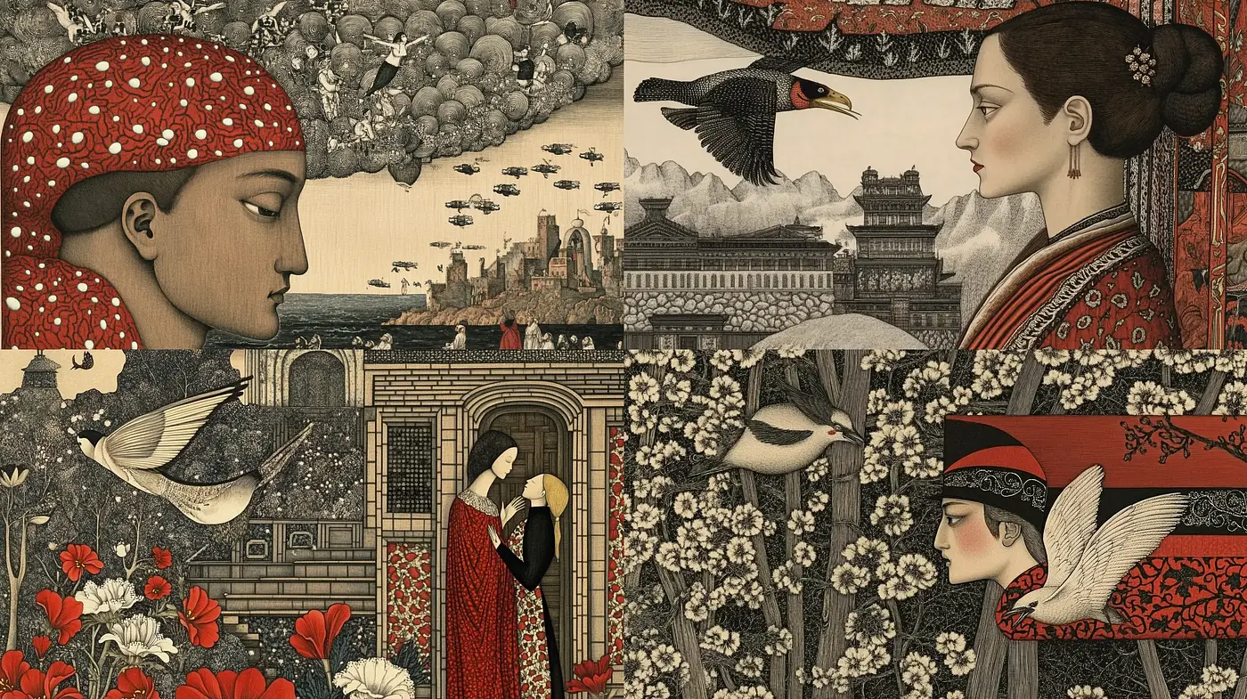 Intricate Tapestry of Stylized Botanical and Avian Artistry - Midjourney sref style