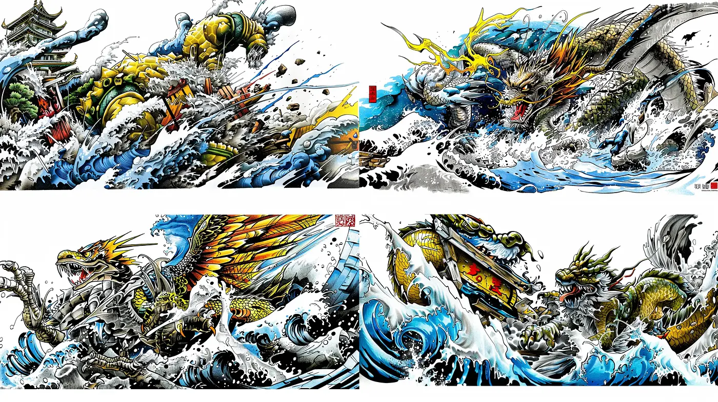 Dynamic Oriental Dragon Fury: A Fusion of Ink Wash and Comic Art - Midjourney sref style