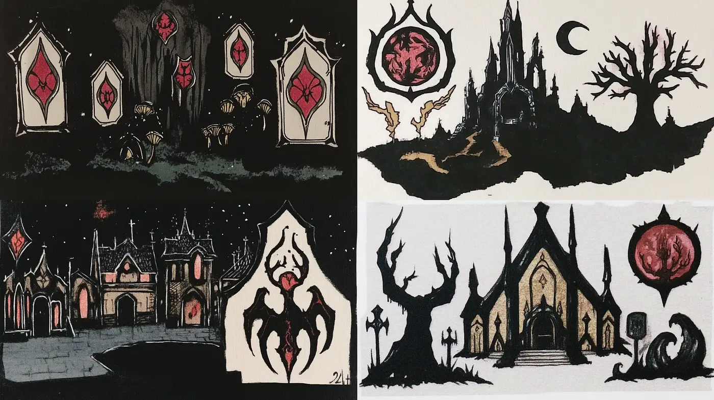 Gothic Reverie: A Consistent Journey Through Darkened Estates and Haunting Florals - Midjourney sref style