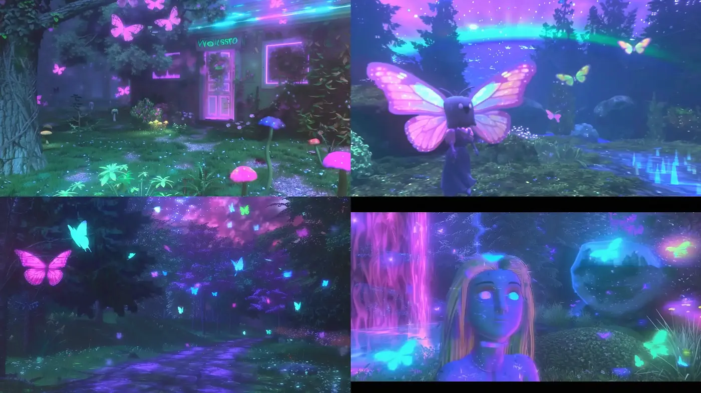 Ethereal Neon Nightscape: A Luminescent Fantasia in Purples and Blues - Midjourney sref style