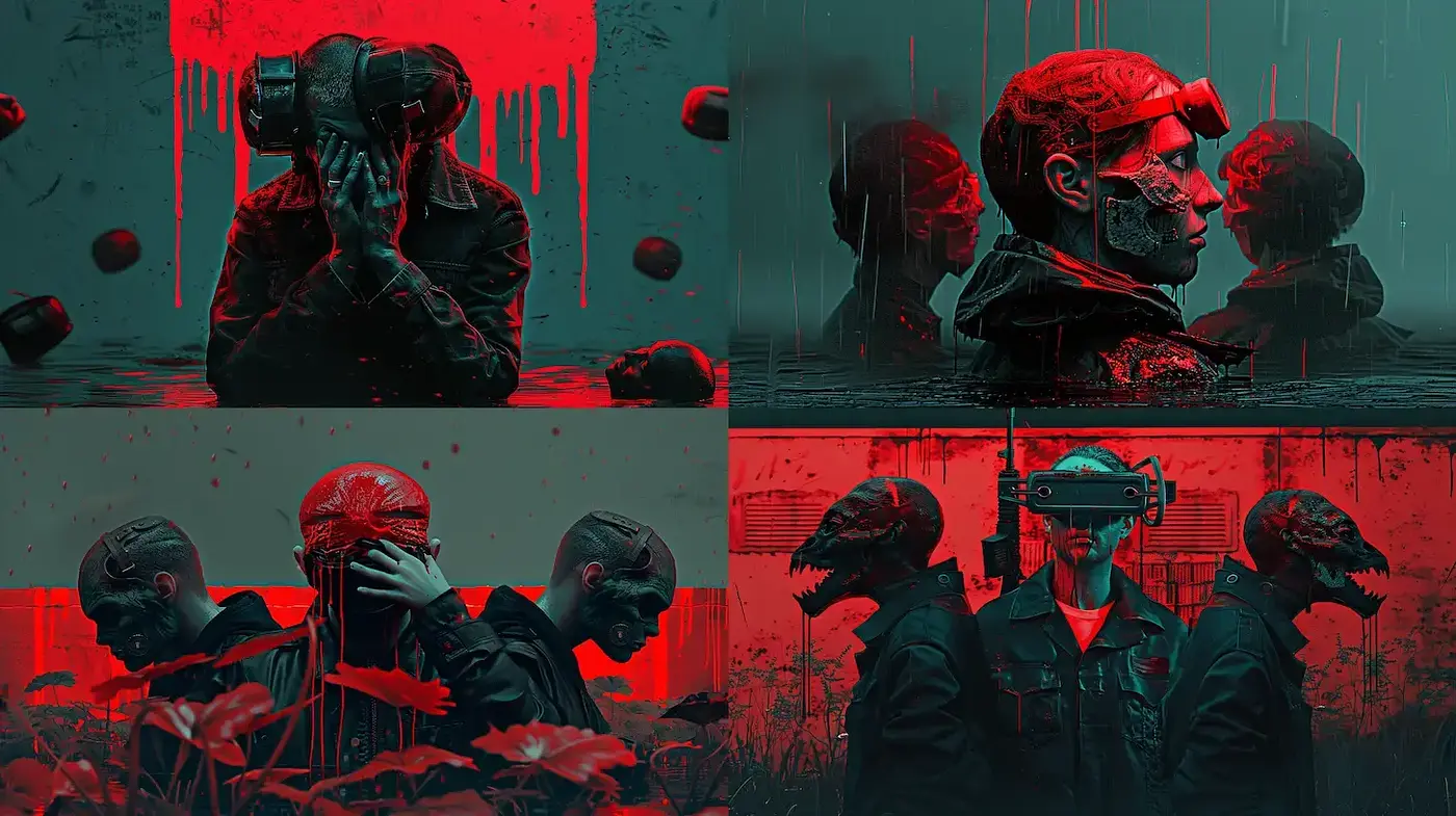 Cyberpunk Dystopia with a Monochromatic Crimson Accent - Midjourney sref style