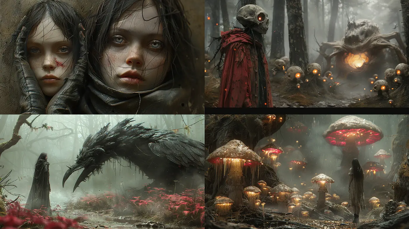 Ethereal Enchantment of Dark Fantasy: An Artistic Symphony of Muted Tones and Surreal Nature - Midjourney sref style