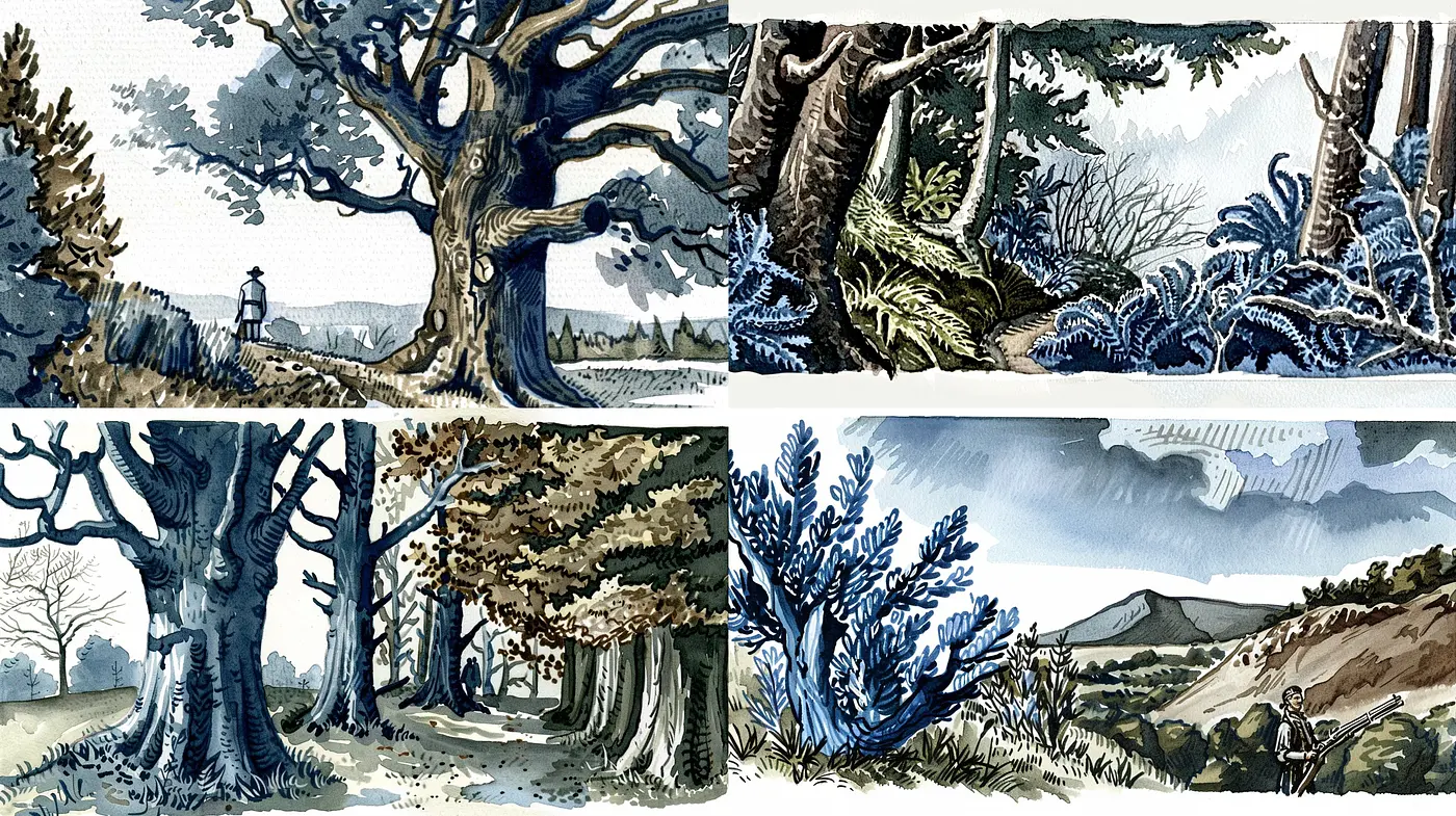 Harmonized Pen-and-Ink Illustration Style with Watercolor Textures - Midjourney sref style