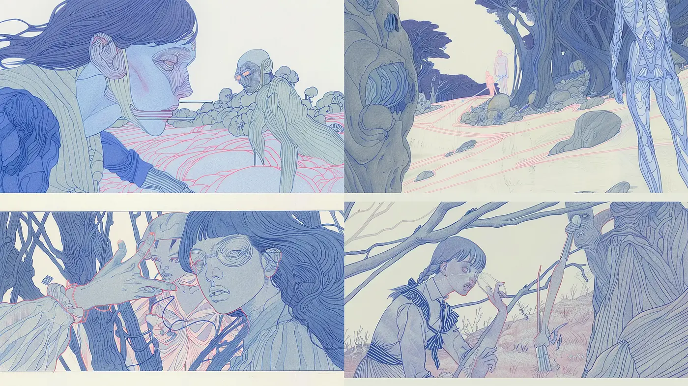 Ethereal Twilight: A Consistent Study in Cool Tones and Stylized Linework - Midjourney sref style