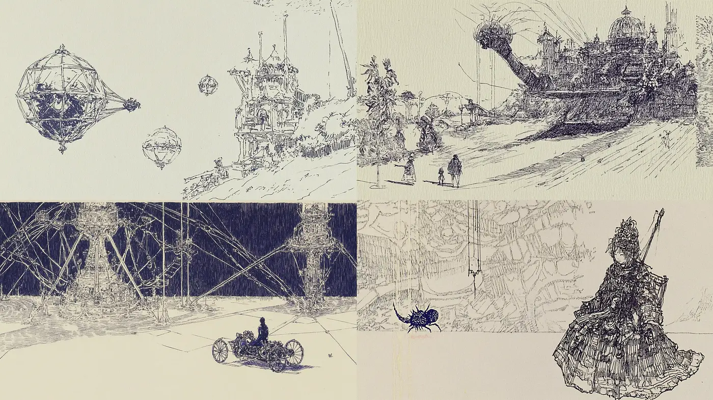 Sketchbook Chronicles: Cross-hatch and Line Art Fantasy - Midjourney sref style