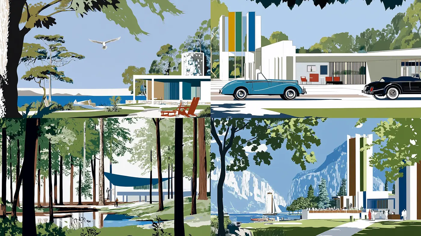 Modernist Serenity Through Stylized Nature and Architecture - Midjourney sref style