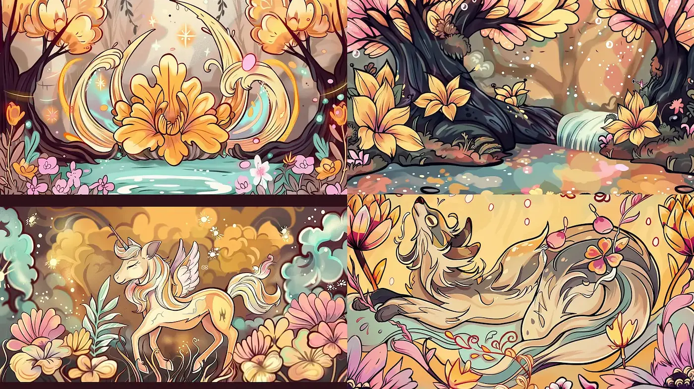 Whimsical Fantasy Landscape with Vibrant Flora - Midjourney sref style
