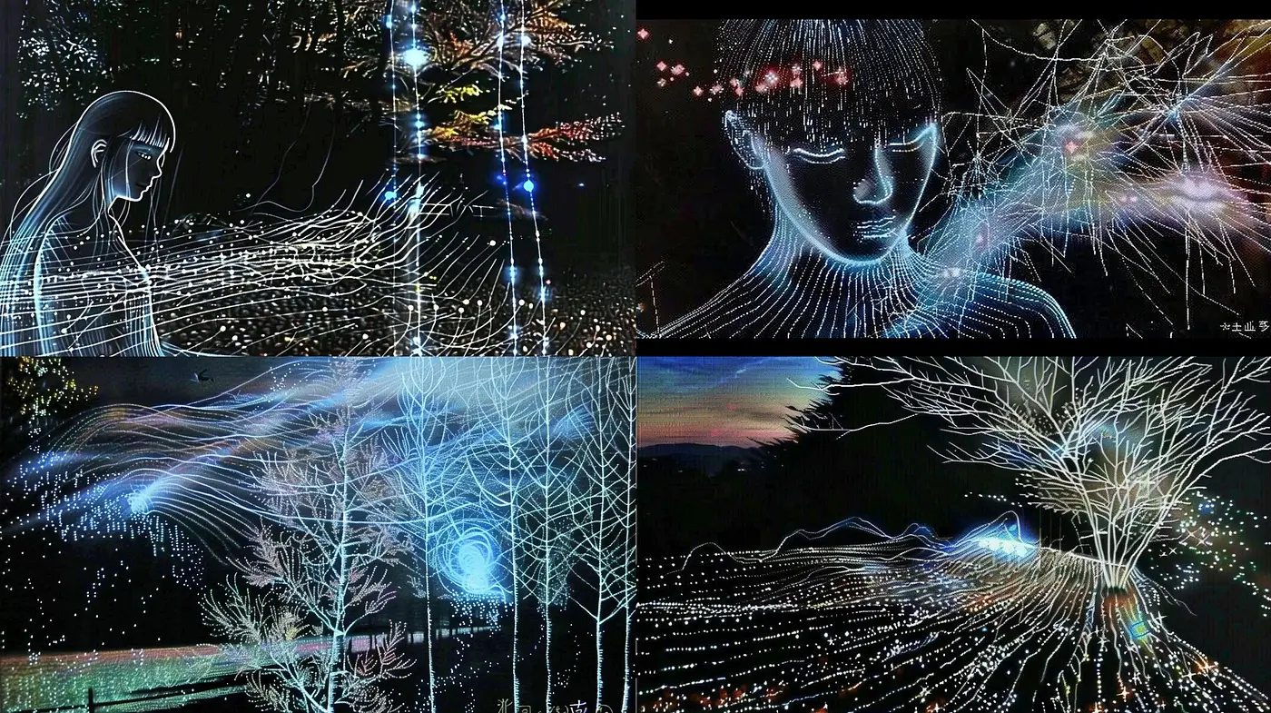 Luminous Threads of Digital Impressionism: A Study in Neon and Cybernetic Aesthetics - Midjourney sref style