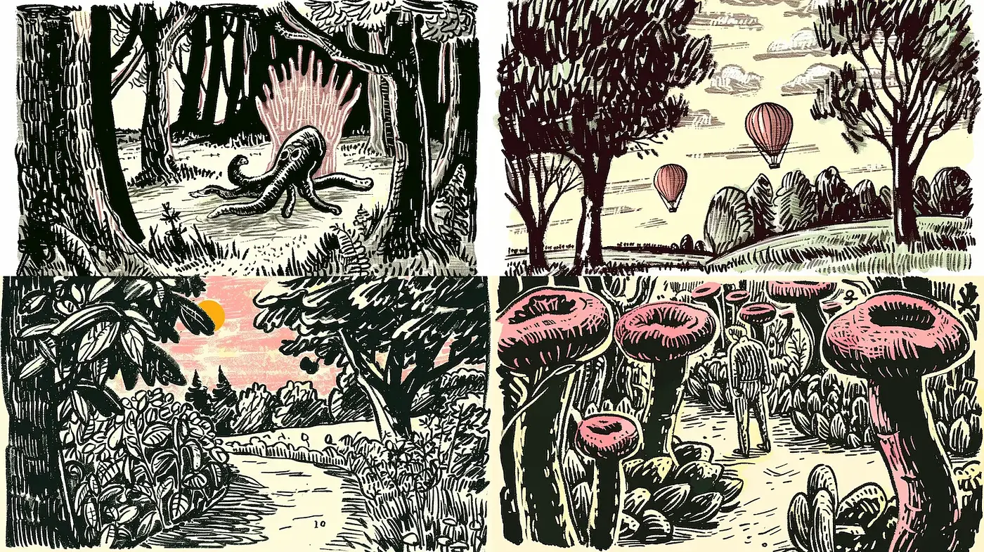 Whimsical and intricate illustrative landscapes with an organic touch - Midjourney sref style