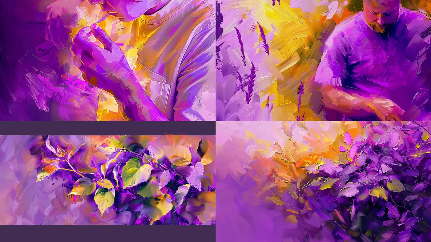 Vibrant Expressionist Fusion with Purple Hues and Dynamic Brushwork - Midjourney sref style