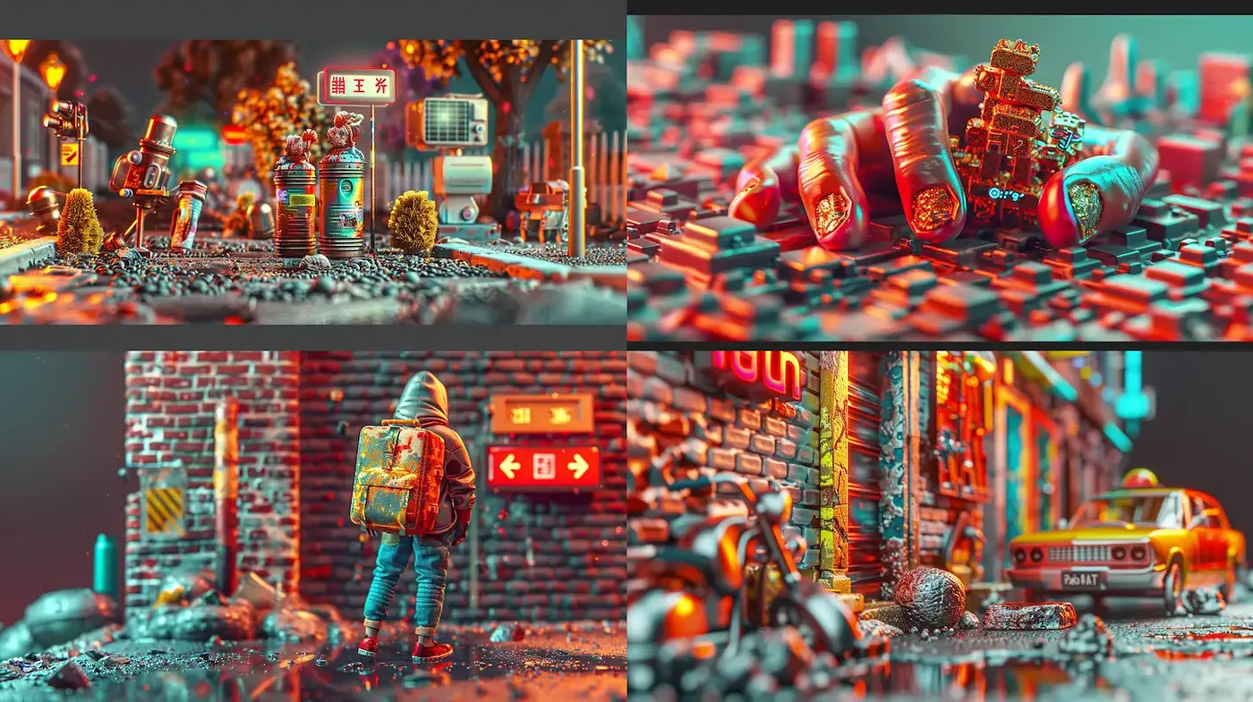 Vividly Styled Urban Scenes with Surreal Elements - Midjourney sref style