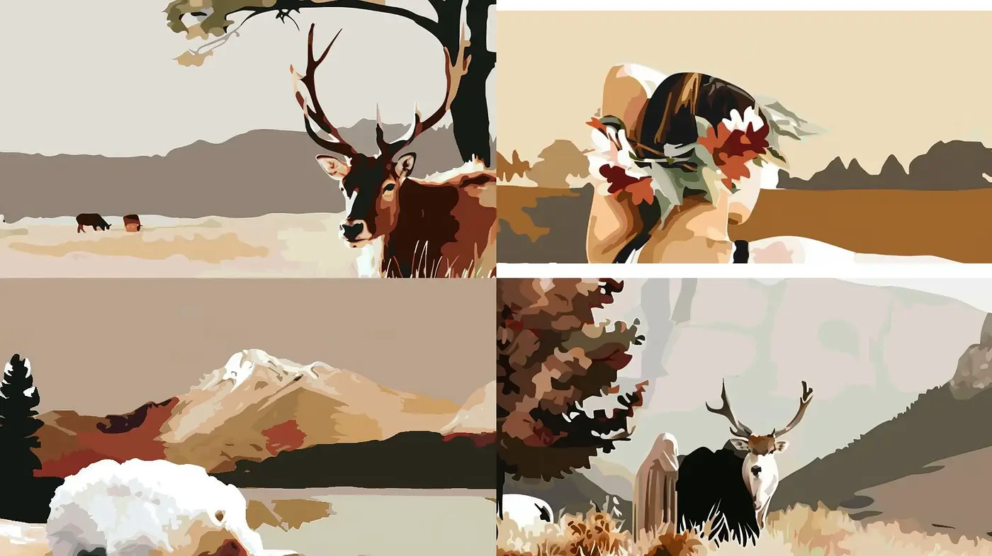 Abstracted Earth Tones in Stylized Nature and Wildlife Vignettes - Midjourney sref style