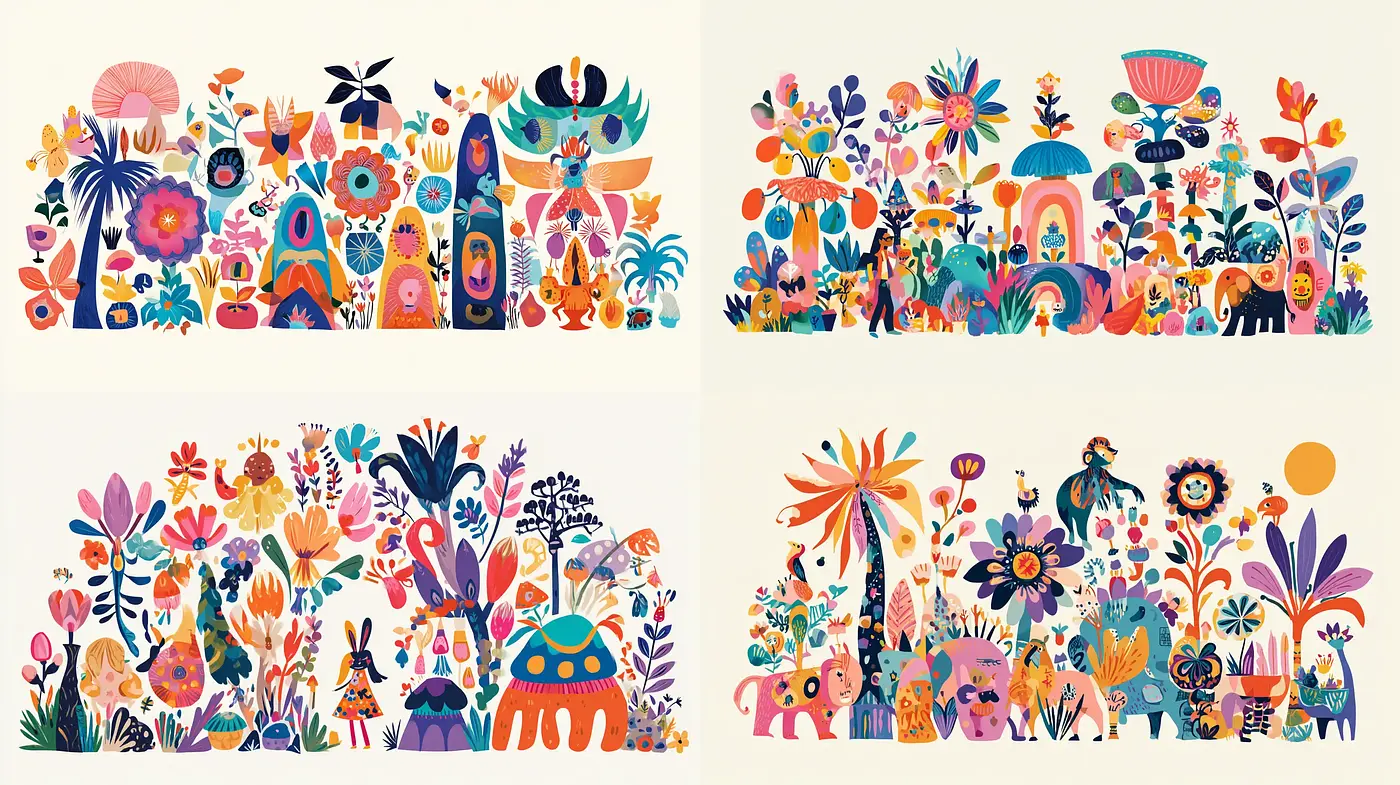 Vibrant and Whimsical Floral Illustrations with a Playful Aesthetic - Midjourney sref style