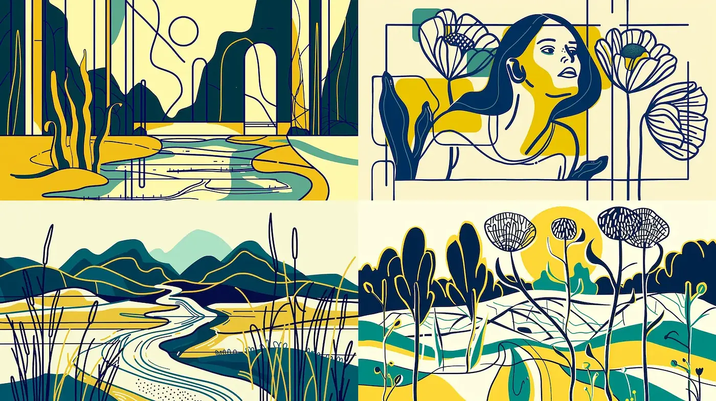 Serene and Vibrant Landscape Illustrations with Elegant Line Work - Midjourney sref style