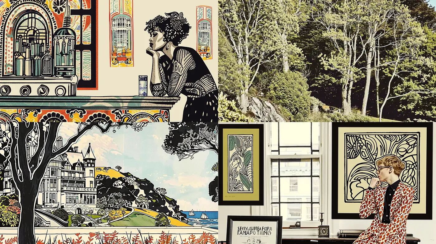 Elegant Art Nouveau Fusion with Vintage Sepia Tones - Midjourney sref style