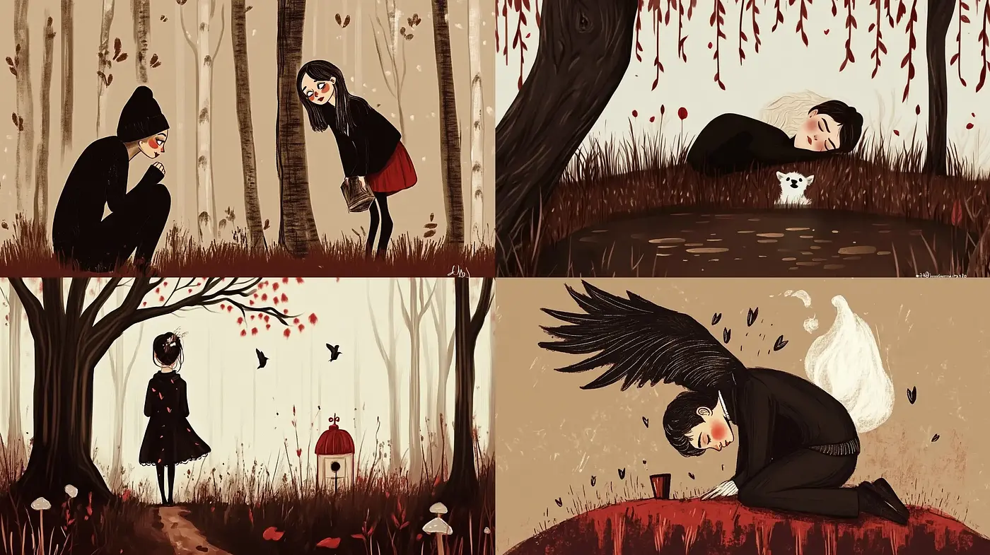 Whimsical Autumn Shadows: A Stylized Fusion of Melancholy and Storybook Aesthetics - Midjourney sref style
