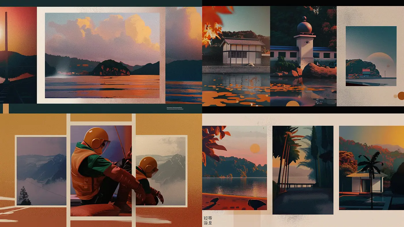 Warm-Toned Sunset Harmonies with Stylized Nature and Architecture - Midjourney sref style