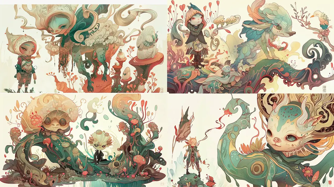 Whimsical and Ethereal Fantasy Illustrations with Nature and Characters - Midjourney sref style
