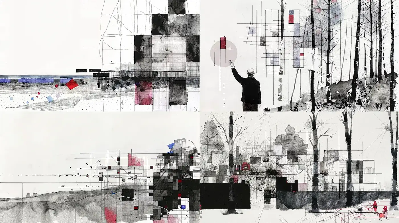 Abstract exploration of monochrome landscapes with geometric elements - Midjourney sref style