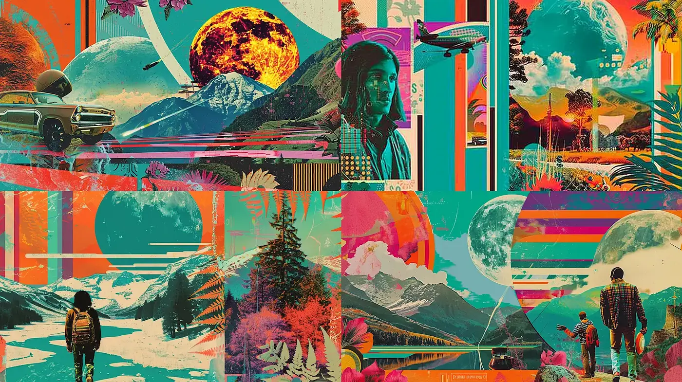 Vibrant and surreal retro-futuristic collage style with cosmic themes - Midjourney sref style