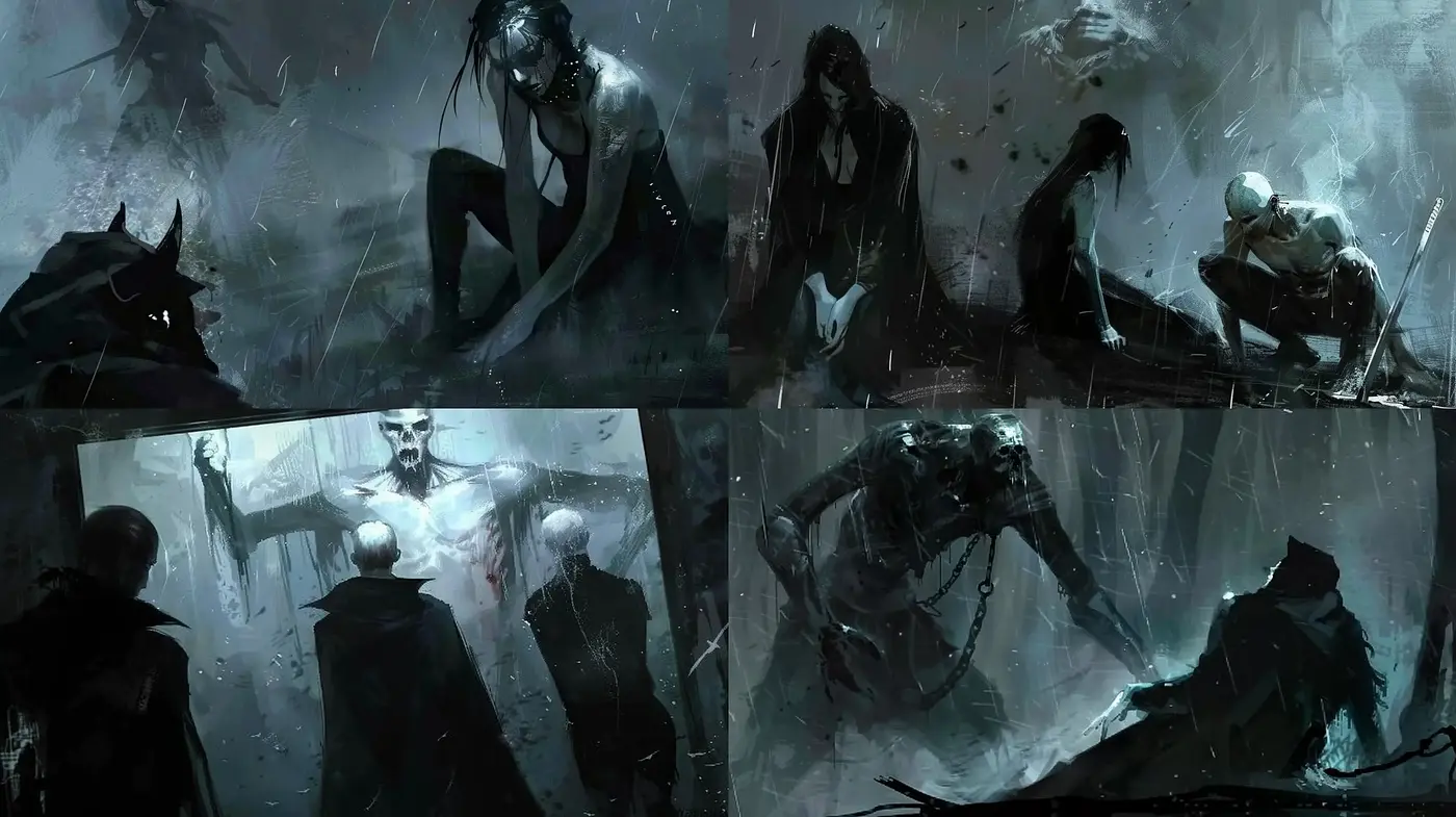 Ethereal Noir Dreamscape: A Fusion of Dark Fantasy and Surrealism - Midjourney sref style