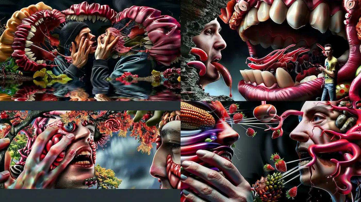 Surreal and vivid exploration of human expression intertwined with organic elements - Midjourney sref style
