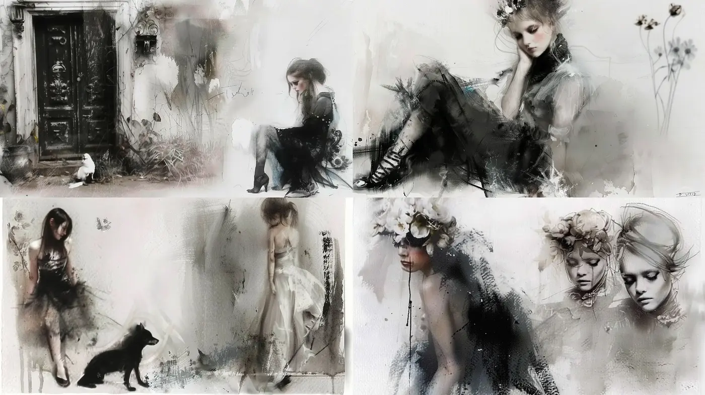 Ethereal Monochrome Dreamscape: A Melancholic Fusion of Ink and Watercolors - Midjourney sref style