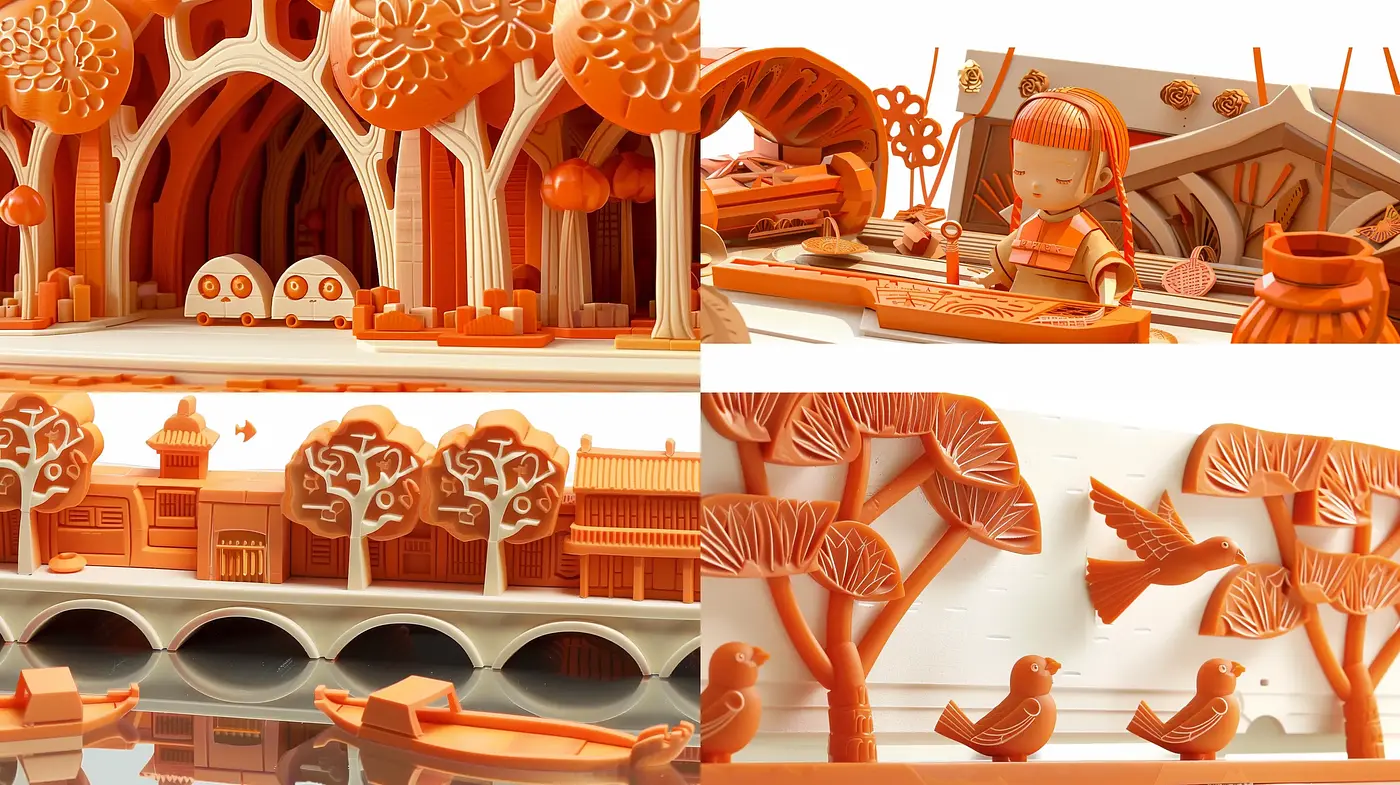Orange Monochrome Whimsy: A Study in Playful Precision and Surreal Craftsmanship - Midjourney sref style
