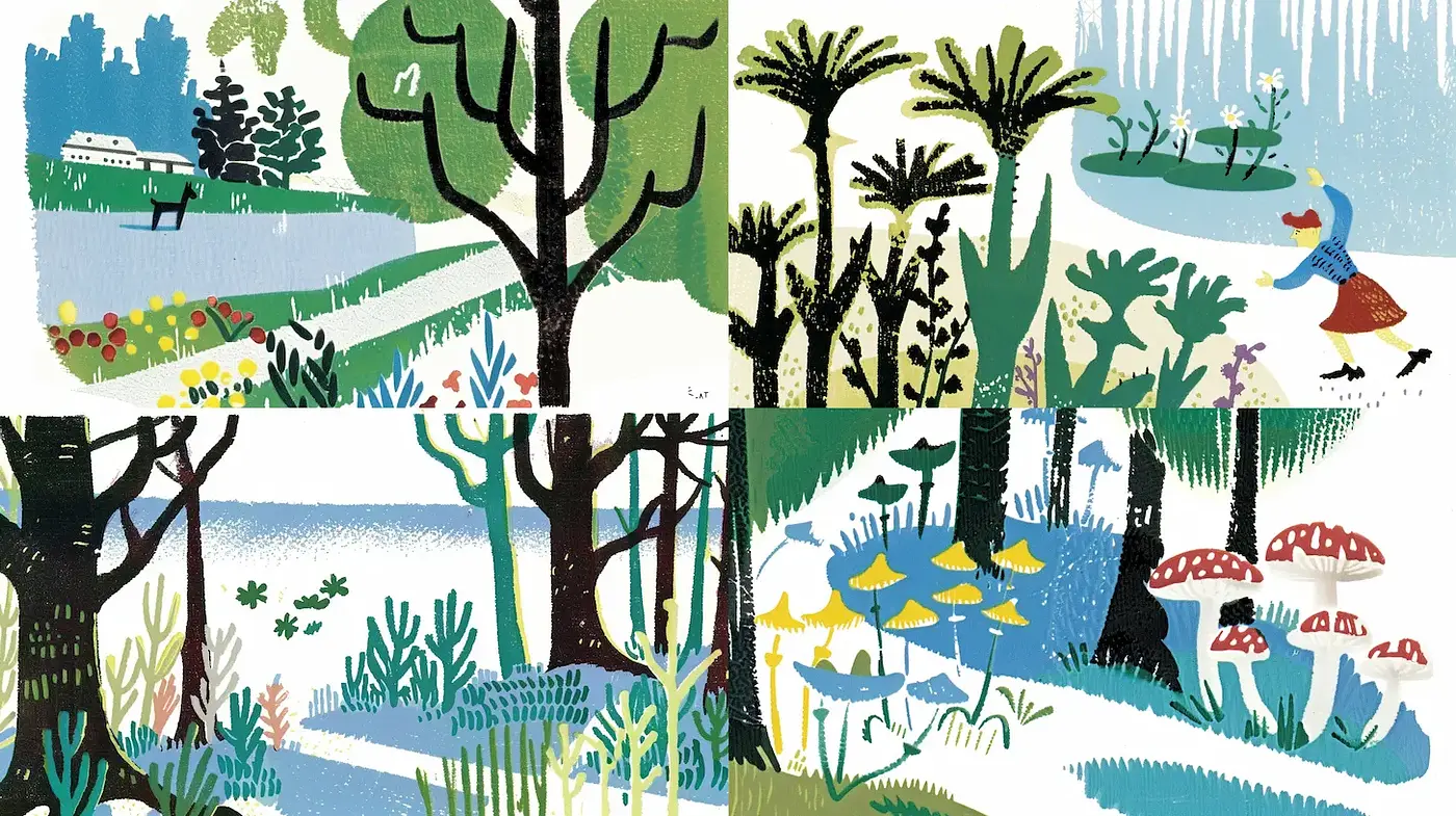 Whimsical and colorful illustration with nature themes - Midjourney sref style