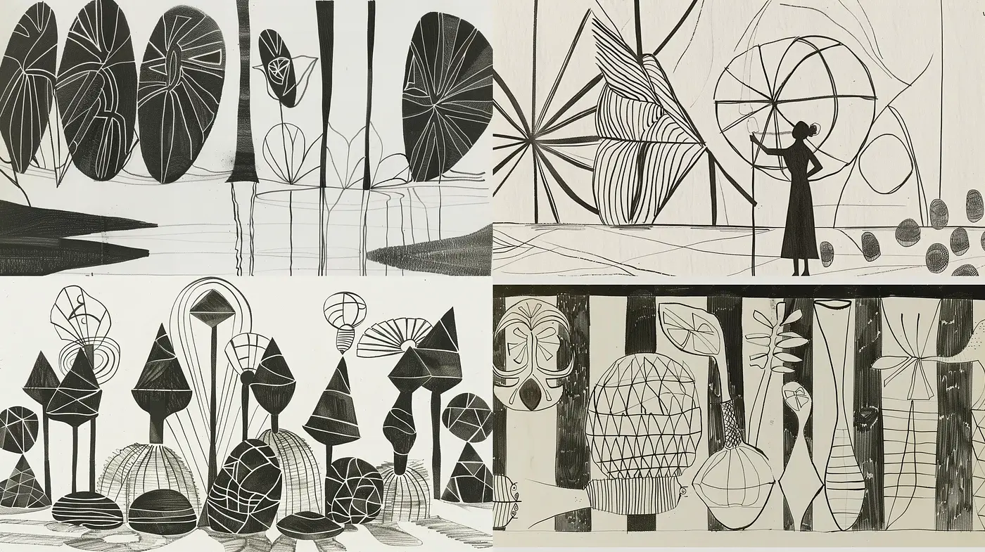 Monochromatic Elegance of Stylized Botanical and Geometric Fusion - Midjourney sref style