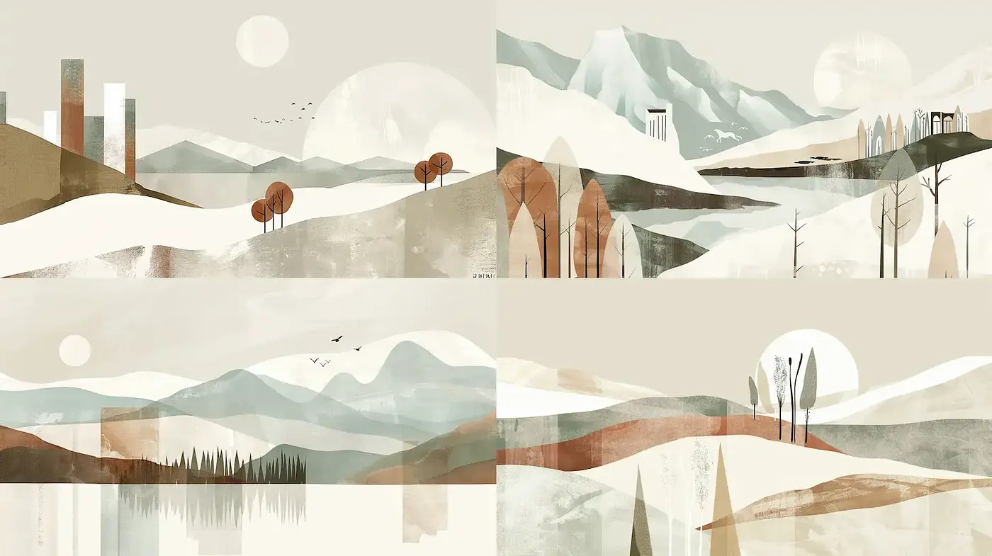 Harmonious Scenic Minimalism with Earthy Tones and Abstract Forms - Midjourney sref style