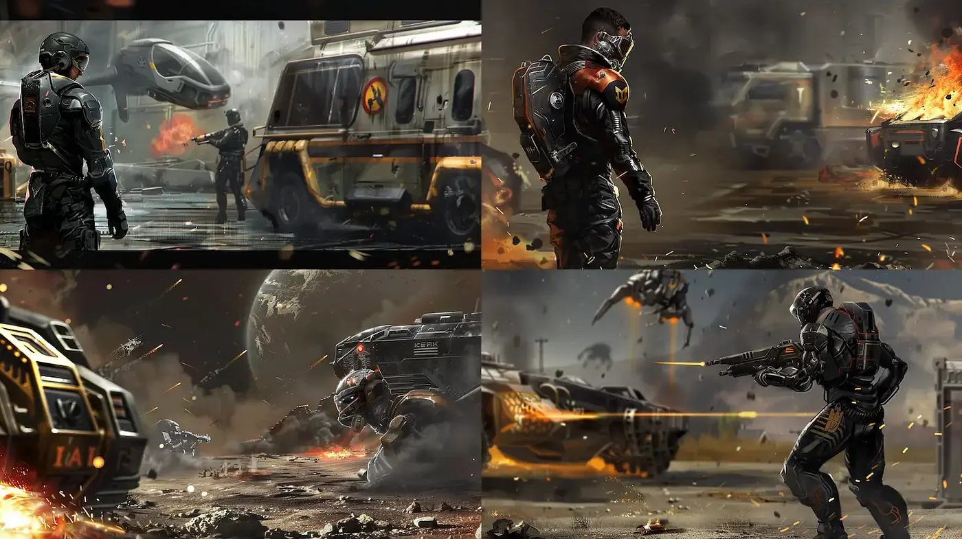 Futuristic dystopian military scenes with intense action and atmosphere - Midjourney sref style