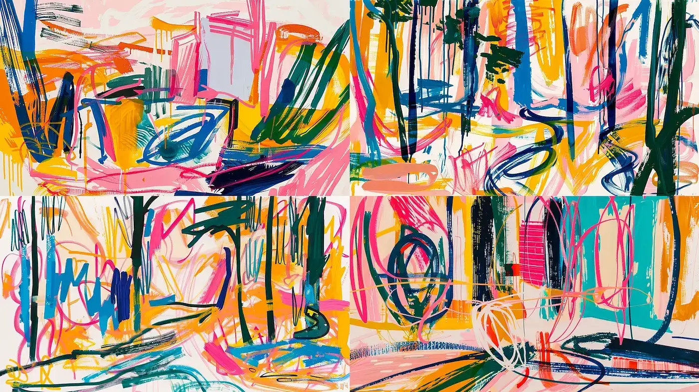 Vibrant abstract expressionism with dynamic brushwork and playful energy - Midjourney sref style