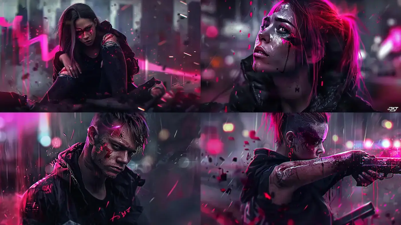 Futuristic, dark cyberpunk aesthetic with emotional depth and dynamic energy - Midjourney sref style
