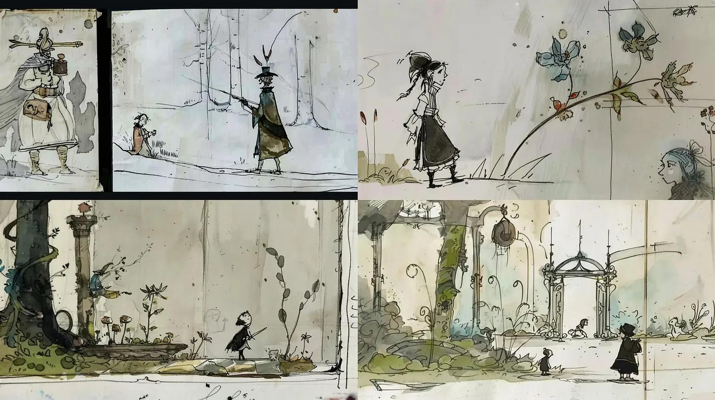 Whimsical Watercolor Vignettes with Monochromatic Tones and Dynamic Sketch Lines - Midjourney sref style