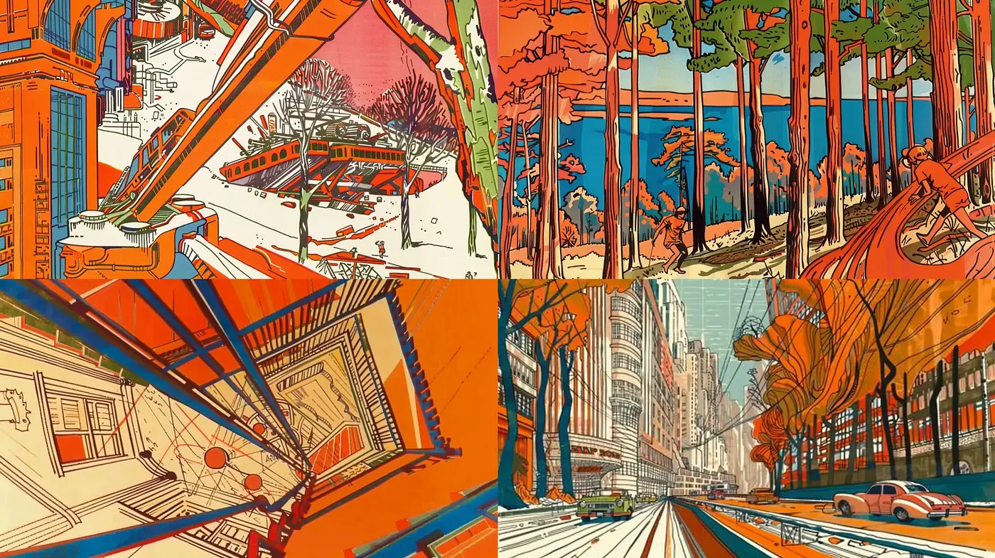 Retro-Futuristic Urban Dreamscapes in Dynamic Linework - Midjourney sref style