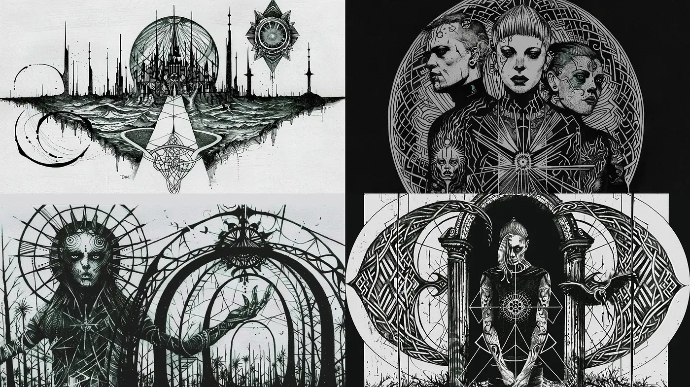 Monochrome Dreamscape of Surreal Imagery and Intricate Details - Midjourney sref style