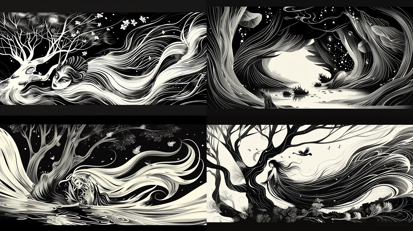 Monochromatic Whimsy: Surrealist Exploration of Dreamlike Nature - Midjourney sref style