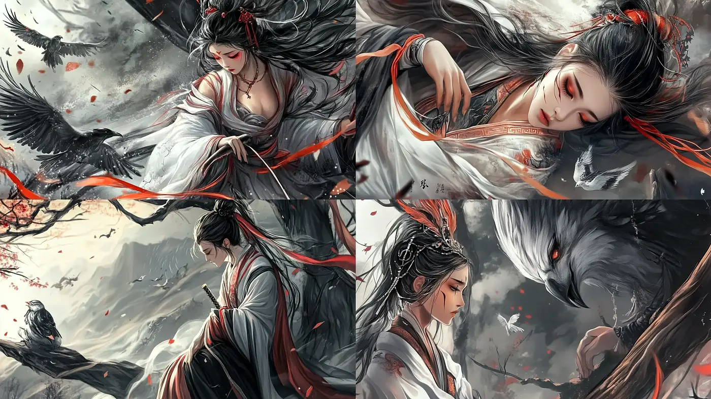 Ethereal Elegance: Monochromatic Essence with Crimson Accents - Midjourney sref style