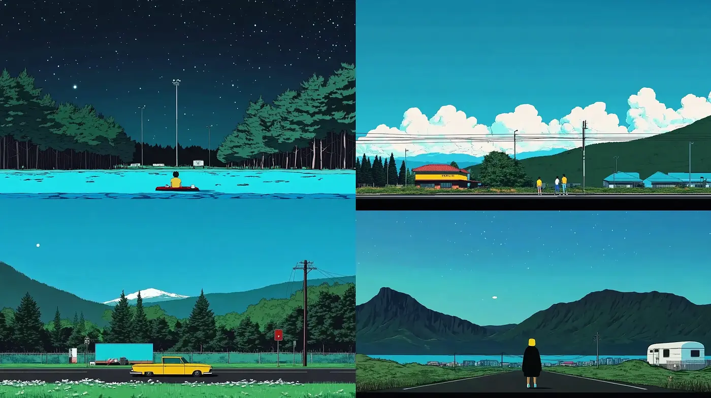 Serene Twilight: Uniformity in Hues and Horizons Across Idyllic Landscapes - Midjourney sref style