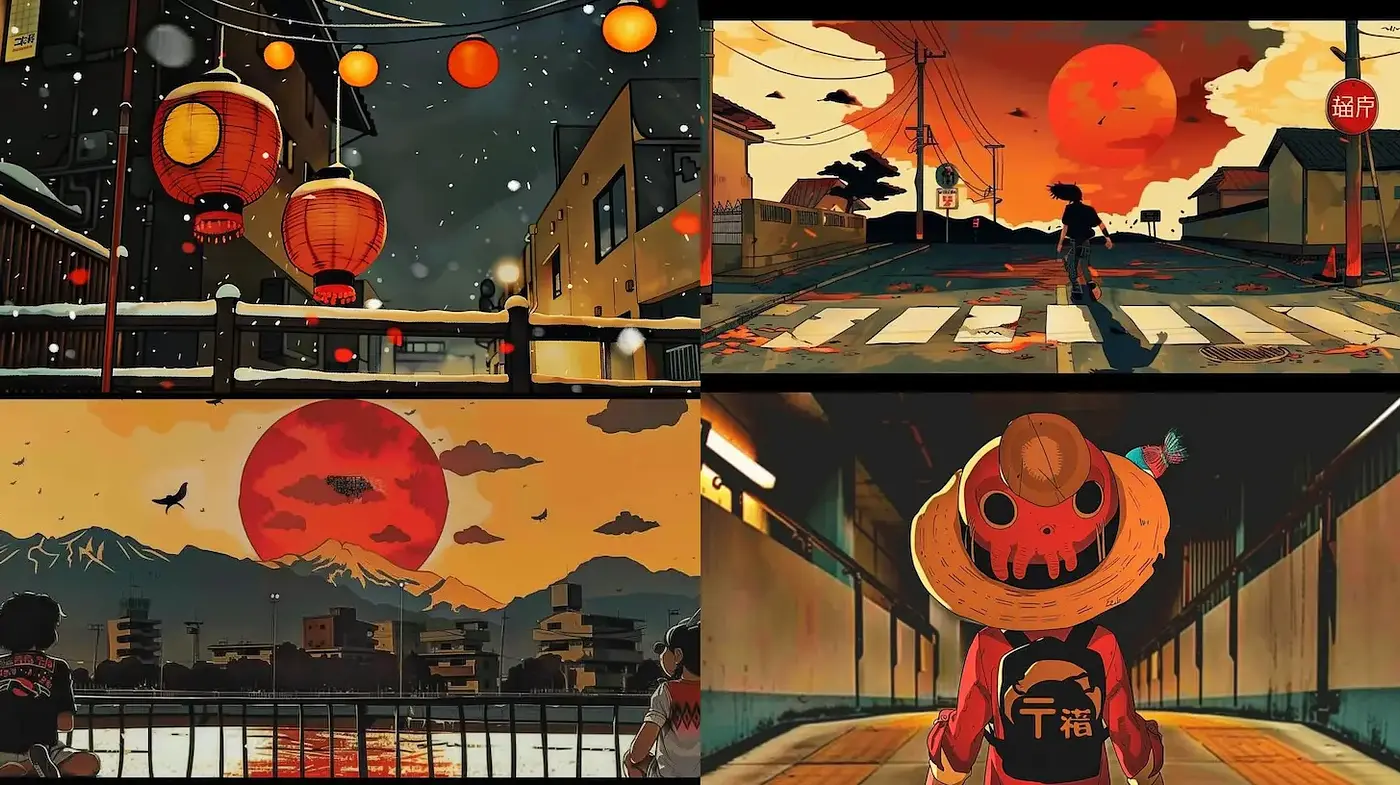 Expressive, immersive, and vibrant urban landscapes influenced by Japanese visual aesthetics - Midjourney sref style