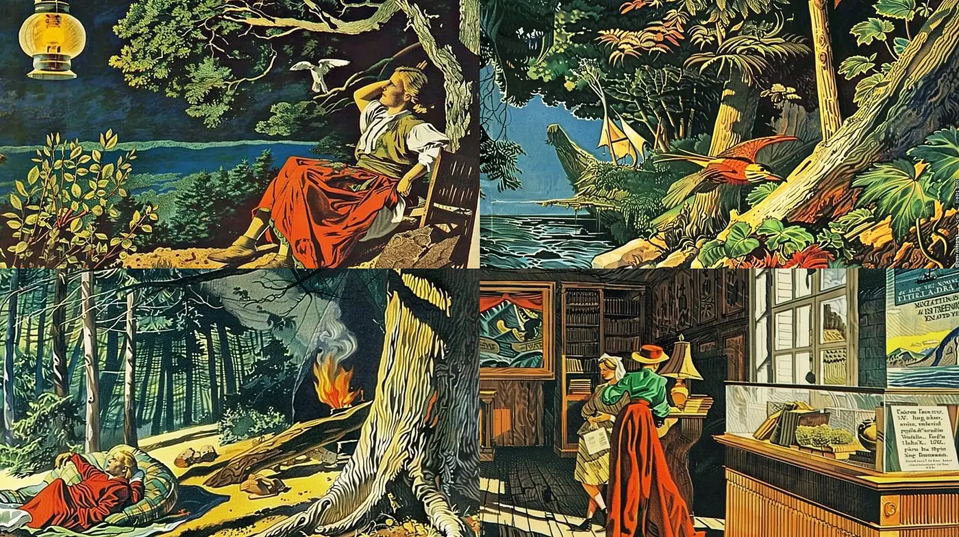 Tales of Enigmatic Escapism: A Vintage Adventure Storybook Illustration Style - Midjourney sref style