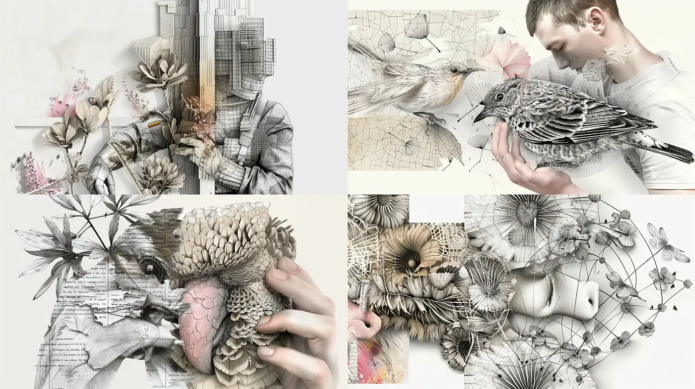 Fragments of Serenity: A Collage of Monochromatic Tones and Textural Patterns - Midjourney sref style