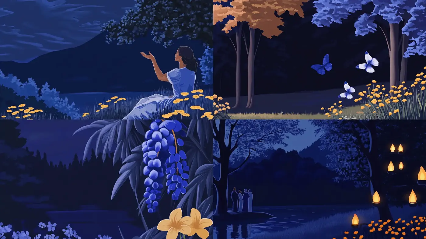 Tranquil Twilight Vignettes with Stylized Nature and Ethereal Glow - Midjourney sref style