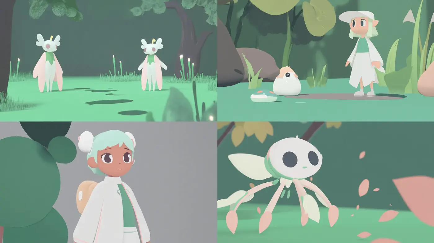 Serene Pastel Dreamscape: A Harmonious Blend of Simplistic Creatures and Calm Forest Hues - Midjourney sref style