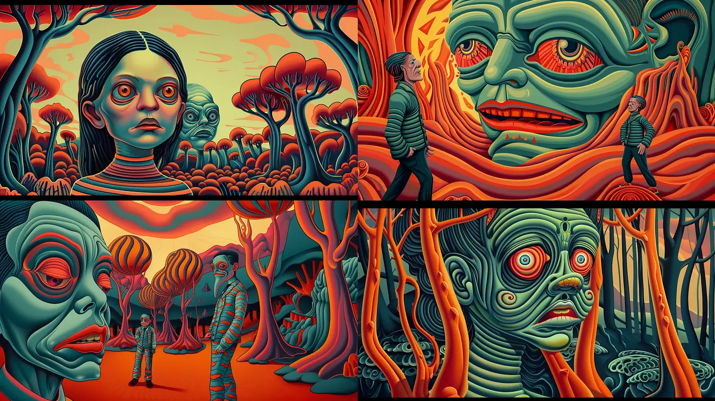 Surreal Redwood Dreamscapes with Vivid Contrast and Expressive Faces - Midjourney sref style
