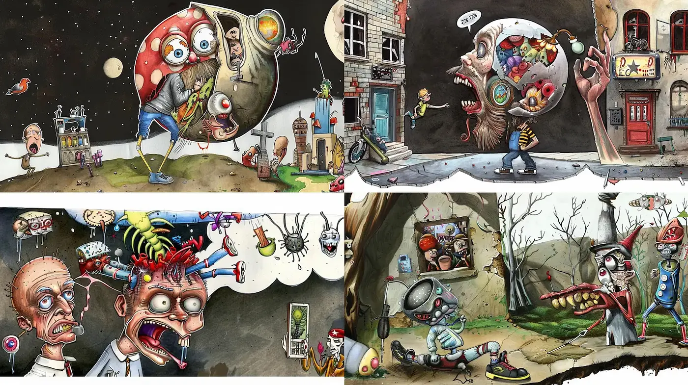 Whimsical and Eccentric Illustrations with a Dark Humor Twist - Midjourney sref style
