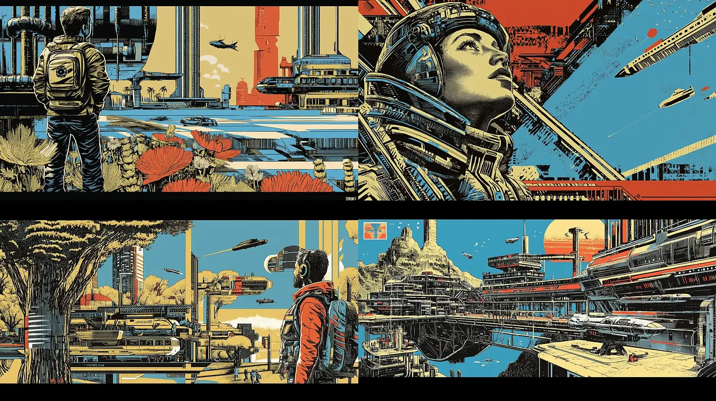 Retrofuturistic Odyssey: A Homage to Classic Science Fiction Illustration - Midjourney sref style