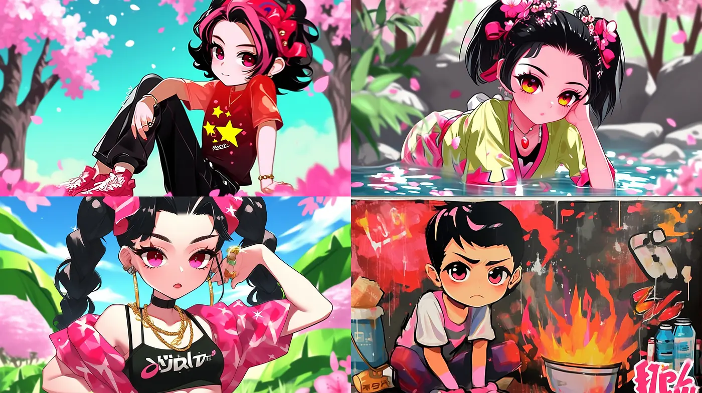 Vibrant Anime-Inspired Digital Art with Blossoming Pink Accents - Midjourney sref style