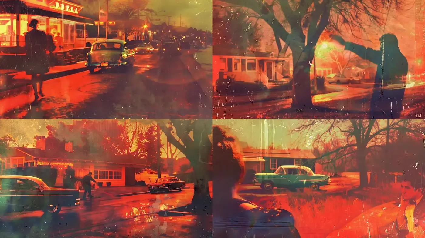 Dynamic urban storytelling with a cinematic vintage aesthetic - Midjourney sref style